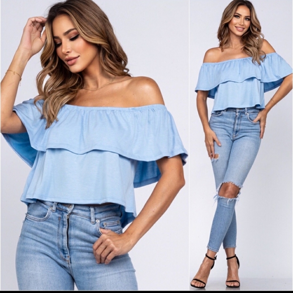 Beautiful Blue off shoulder ruffle semi cropped top